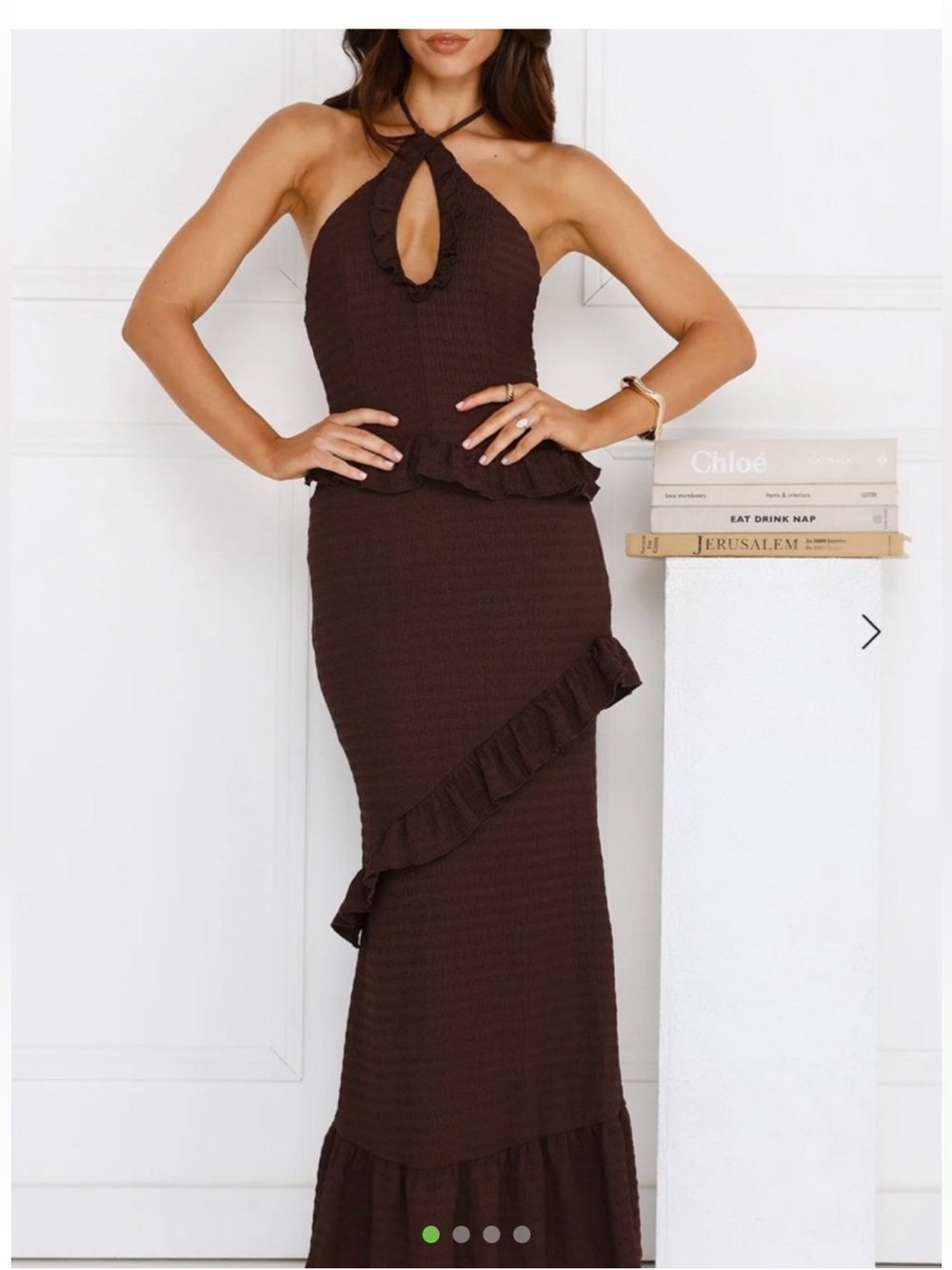 Hello Molly Chocolate Brown Ruffle Halter Maxi Dress